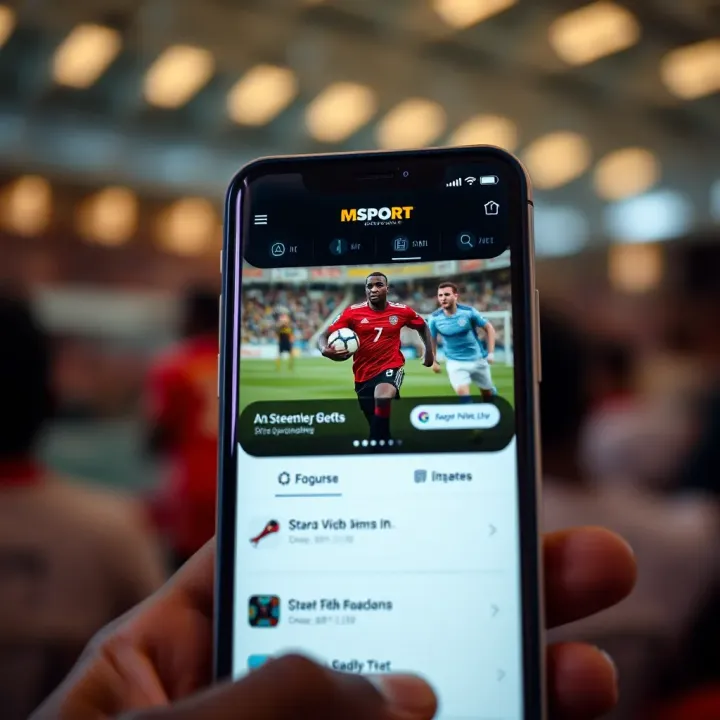 A vibrant digital interface displaying live football and basketball match streams from MSport ES Live on a smartphone
