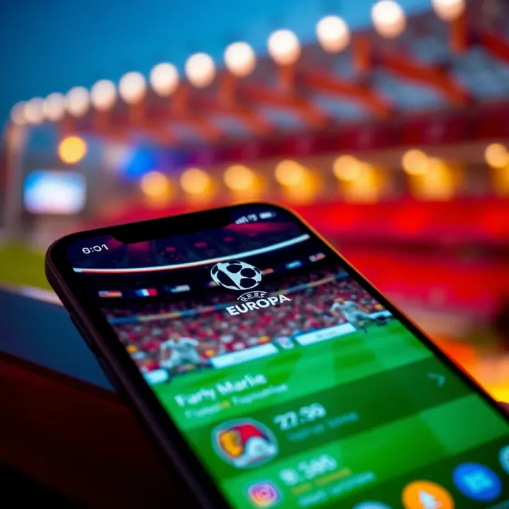 Stadium atmosphere with focused players and vibrant team colors during competitive Europa League fixture