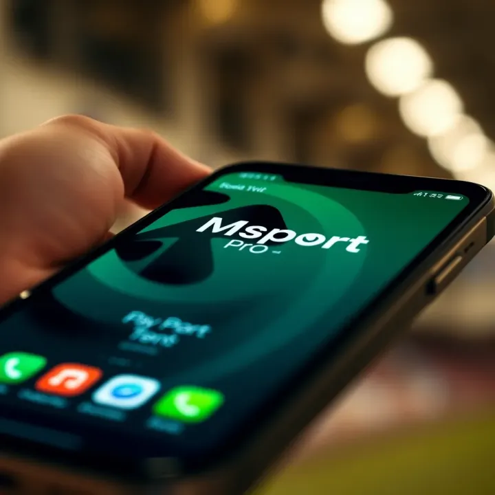 Mobile phone displaying MSport Pro streaming features with icons for live sports events and secure login